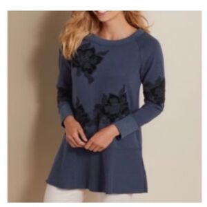 Soft Surroundings Blue Tunic  Black Floral Accents Petite XS